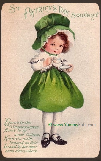 St. Patrick's Day Vintage Postcard of Girl with Teacup