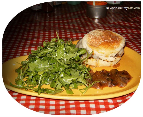 French Onion Soup Burger with Gruyere Cheese and Arugula Salad, recipe from Plated.com subscription box