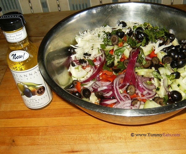 Preparing Italian Pasta Salad with Briannas Home Style Italian Vinaigrette Dressing