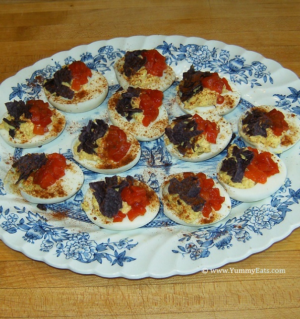 YummyEats original Firecracker Deviled Eggs recipe in glorious red, white, and blue