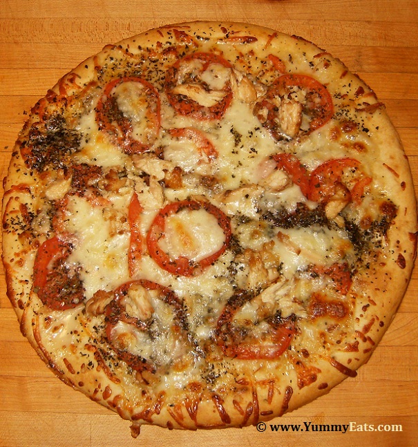 Tomato Bread Pizza with Chicken, made using Bobili Pizza Crust