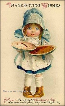 Happy Thanksgiving Wishes Vintage Postcard of Pie Girl