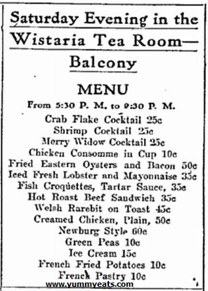 Retro Tea Room Menu with Shrimp Cocktail from Summer 1910