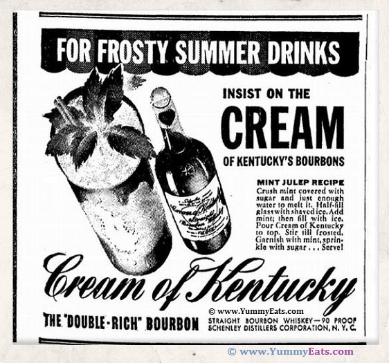 Cream of Kentucky Bourbon and Mint Julep Recipe retro ad from the early 1940s