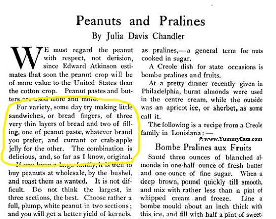 Peanut Butter and Jelly Sandwich idea, from The Boston Cooking School Magazine circa 1901.