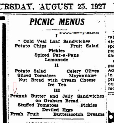 Picnic Menus from the year 1927 including menu featuring Peanut Butter and Jelly Sandwiches.