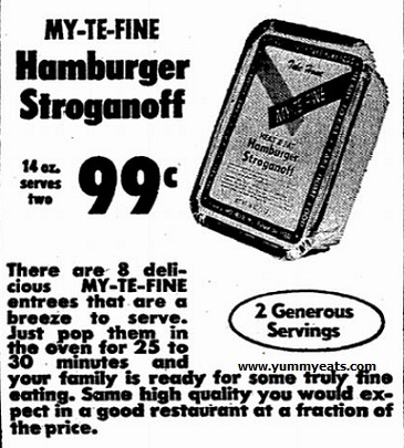 Hamburger Stroganoff food product circa 1970.