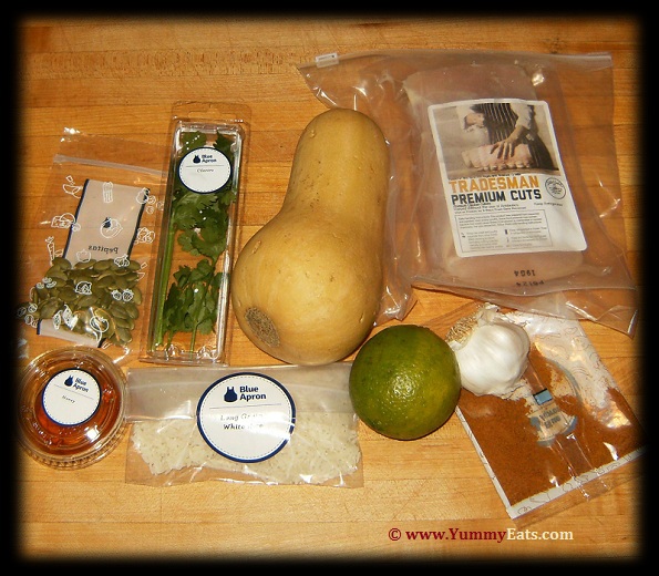 Ingredients sent by BlueApron.com for this week's recipe for a Seared Chicken dinner .