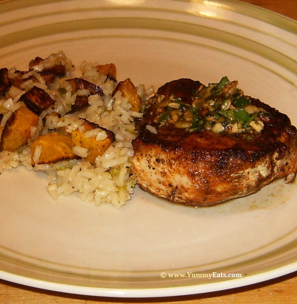 Seared Chicken dish with side of Roasted Honeynut Squash and Garlic Rice, from Blue Apron recipe meal