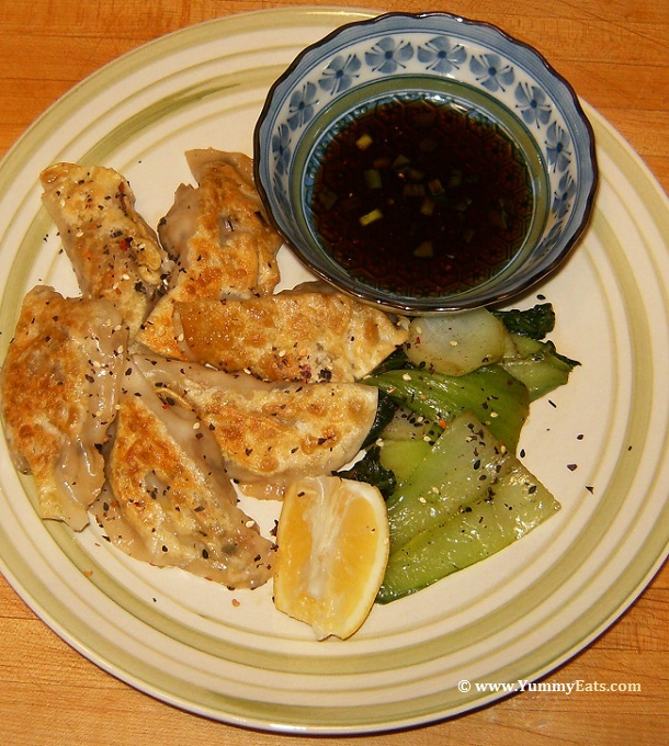 Shrimp Shiitake Dumplings with side of Bok Choy and Dipping Sauce, Blue Apron sub box recipe