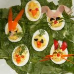 Bunnies and Chicks for Easter, edible decorated Deviled Eggs.