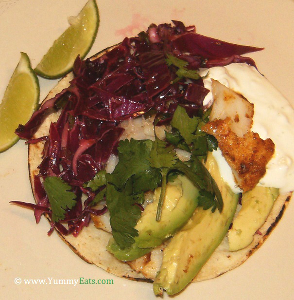 Fish Tacos with Red Cabbage, Jalapeno, and Lime Slaw, a recipe made from the cookbook Dinner, by Melissa Clark.