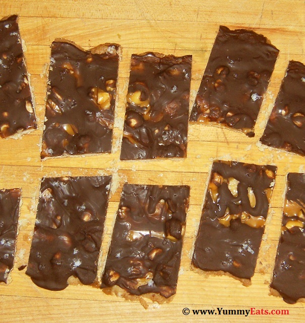 Homemade Candy Bars with Caramel, Chocolate, and Salted Peanuts. Plated subscription box recipe.