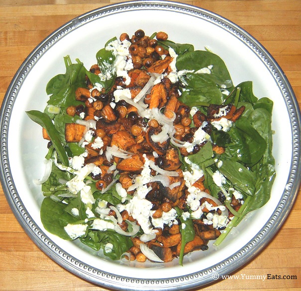 Spinach Salad with Chickpeas and Sweet Potatoes, recipe from Dinner Cookbook.