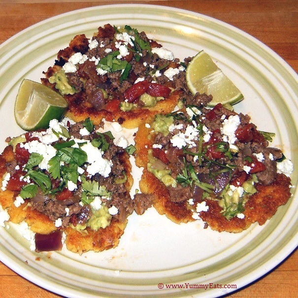 Beef and Cheese Arepas with Avocado Mash, topped with some Queso Fresco and chopped Cilantro