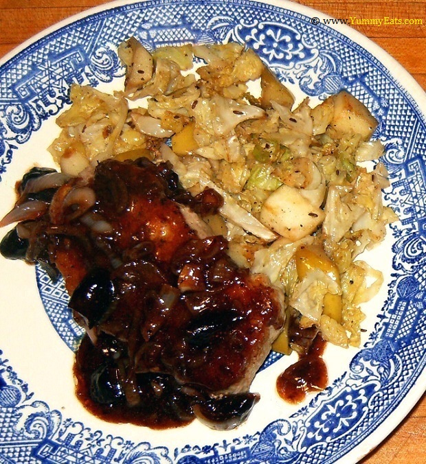 Pork chops with Fig Agrodolce and Caraway Cabbage, a Sun Basket Meal Kit Recipe.