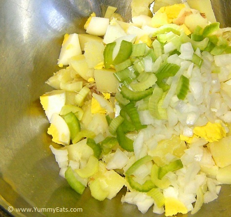 My original potato salad recipe being prepared in the mixing bowl.