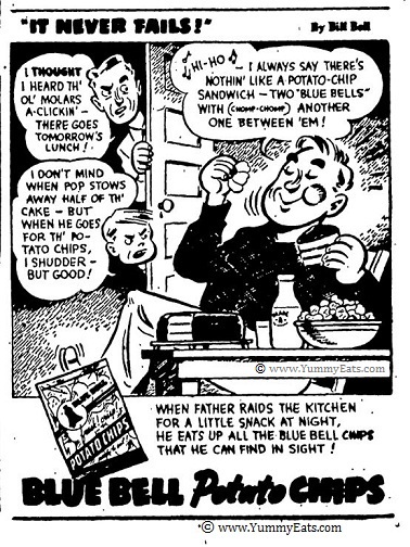 Vintage advertising comic from the year 1942 mentioning a "potato chip sandwich".